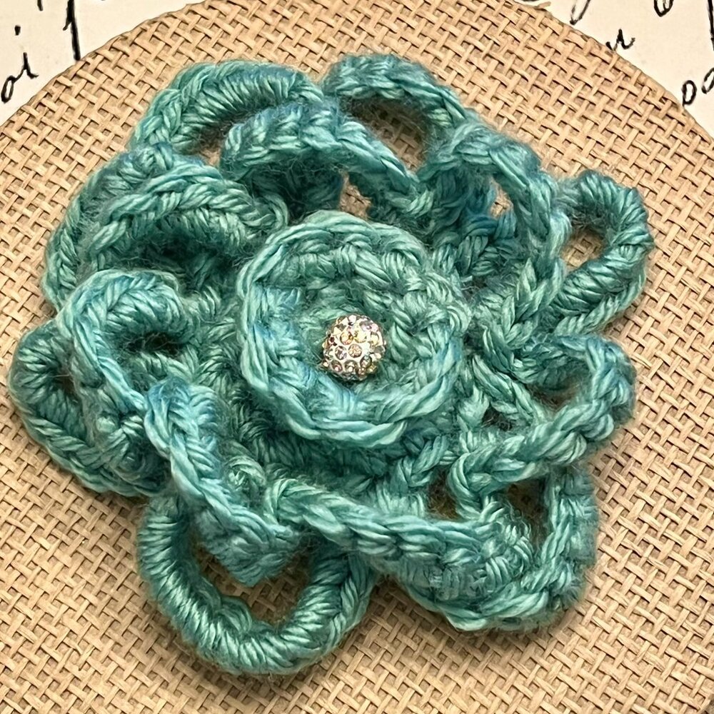 LOOPY HANDMADE FLORAL BROOCH Turquois Color with Rhinestone Charm Center